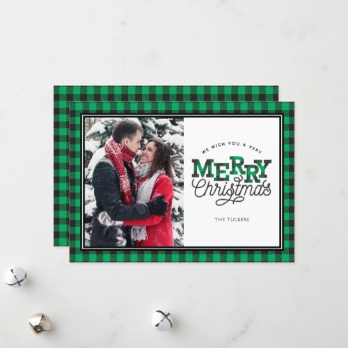 MERRY Christmas Buffalo Plaid Green Photo Card