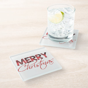 Merry Christmas   Buffalo Plaid Holiday Glass Coaster