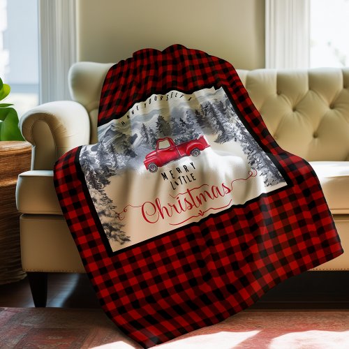 Merry Christmas Buffalo Plaid Mountains and Truck Fleece Blanket