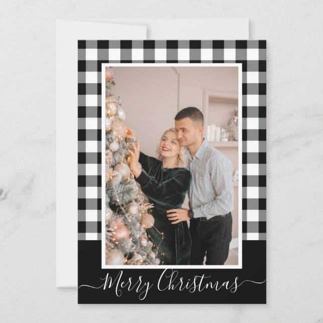 Merry Christmas Buffalo Plaid Photo Christmas Card (Front)