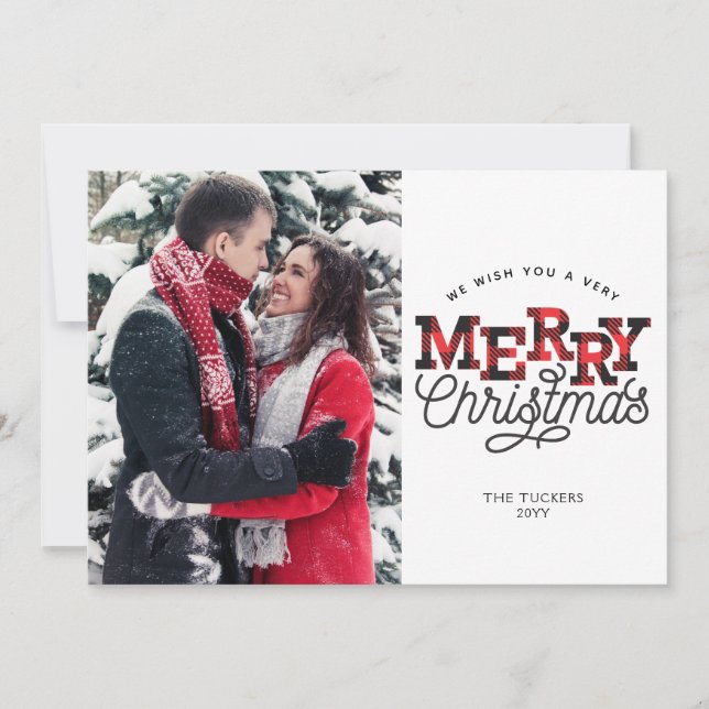 MERRY Christmas Buffalo Plaid Photo Holiday Card (Front)