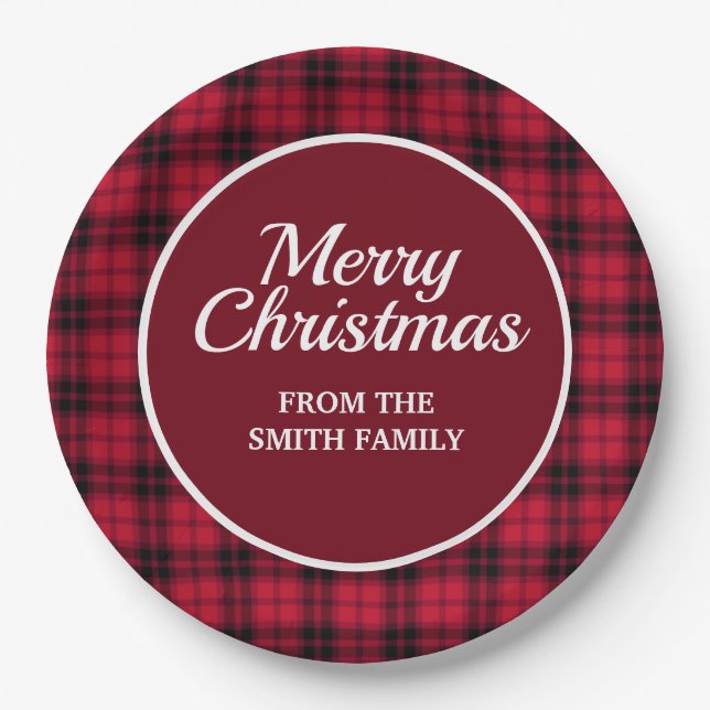 Merry Christmas Buffalo Plaid Red Black Checkered Paper Plates (Front)
