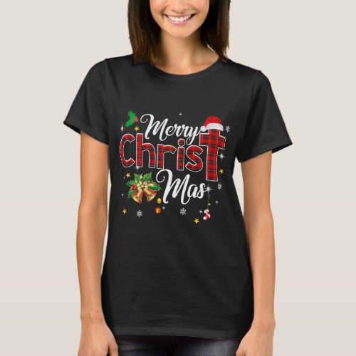 Merry Christmas Buffalo Plaid Red Christian Cross  T_Shirt