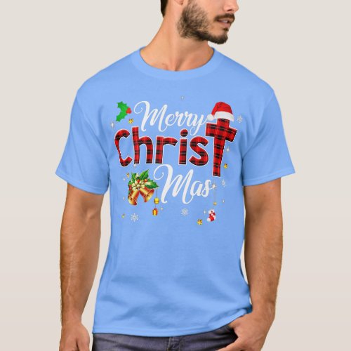 Merry Christmas Buffalo Plaid Red Christian Cross  T_Shirt