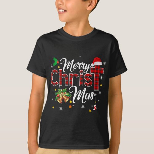 Merry Christmas Buffalo Plaid Red Christian Cross  T_Shirt