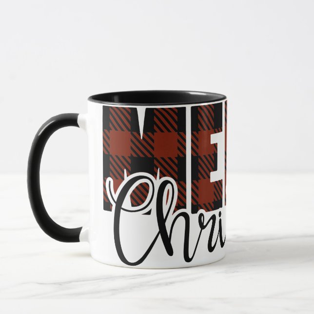 MERRY CHRISTMAS buffalo plaid red Mug (Left)