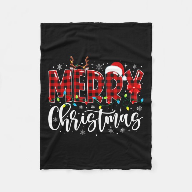 Merry Christmas Buffalo Plaid Red Santa Family Mat Fleece Blanket (Front)