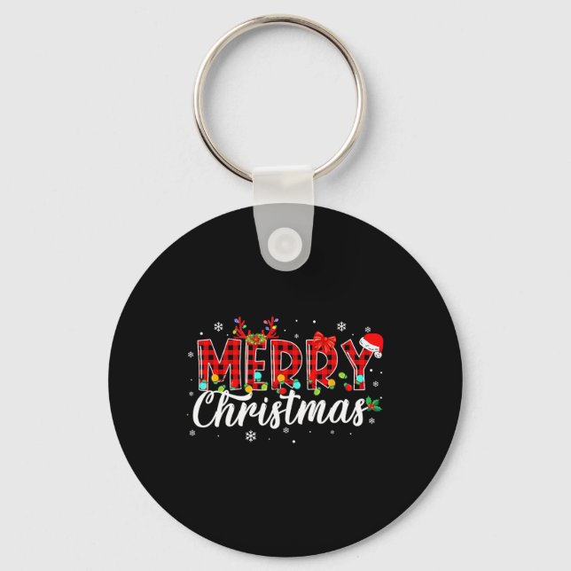 Merry Christmas Buffalo Plaid Red Santa Family Mat Keychain (Front)