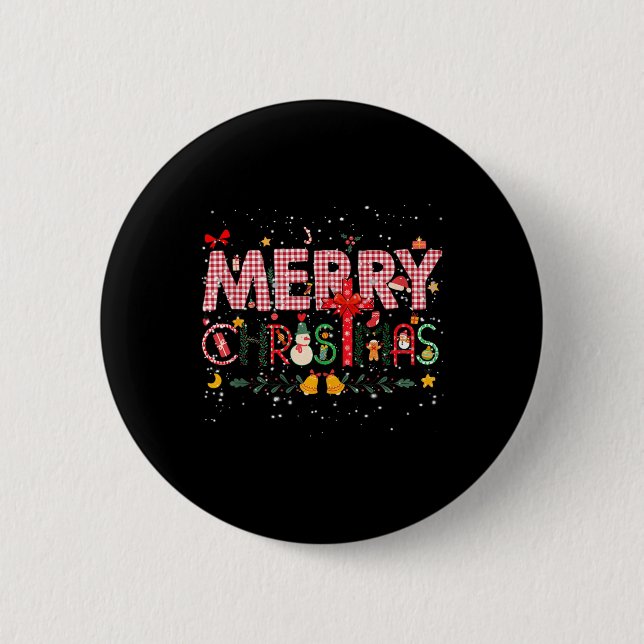 Merry Christmas Buffalo Plaid Red Santa Family Xma Button (Front)