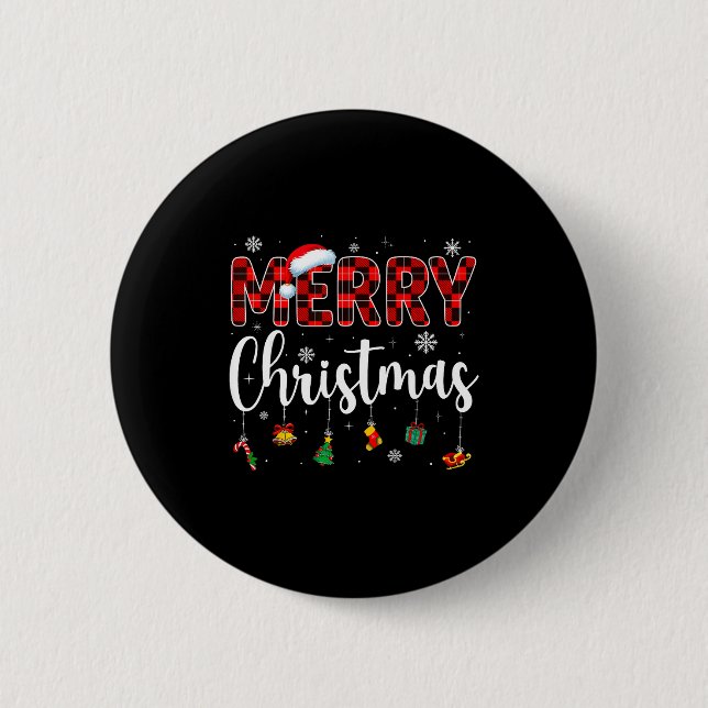 Merry Christmas Buffalo Plaid Red Santa Family Xma Button (Front)
