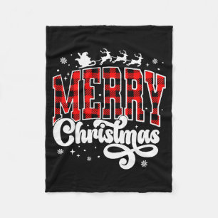 Merry Christmas Buffalo Plaid Red Santa Family Xma Fleece Blanket