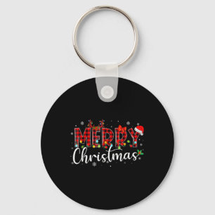 Merry Christmas Buffalo Plaid Red Santa Hat Xmas P Keychain
