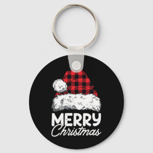 Merry Christmas Buffalo Plaid Red Santa Hat Xmas P Keychain