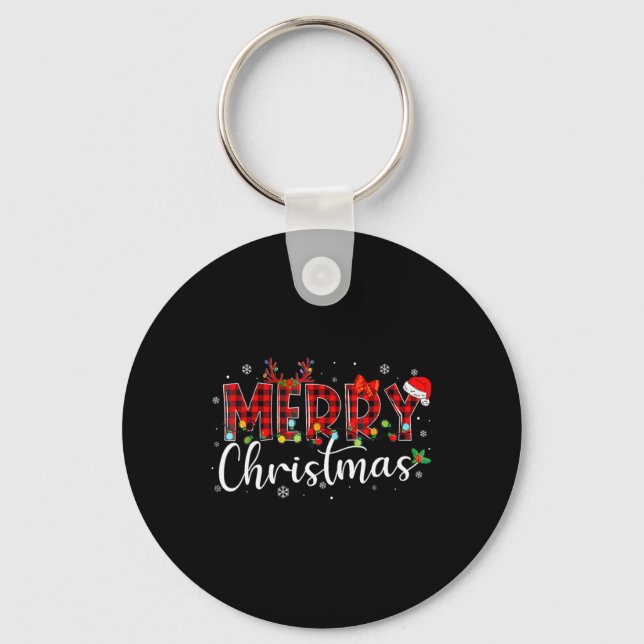Merry Christmas Buffalo Plaid Red Santa Hat Xmas P Keychain (Front)