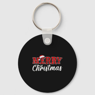Merry Christmas Buffalo Plaid Red Santa Hat Xmas P Keychain