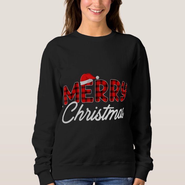 Merry Christmas Buffalo Plaid Red Santa Hat Xmas P Sweatshirt (Front)