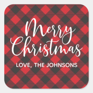 Merry Christmas Buffalo Plaid Red Square Sticker