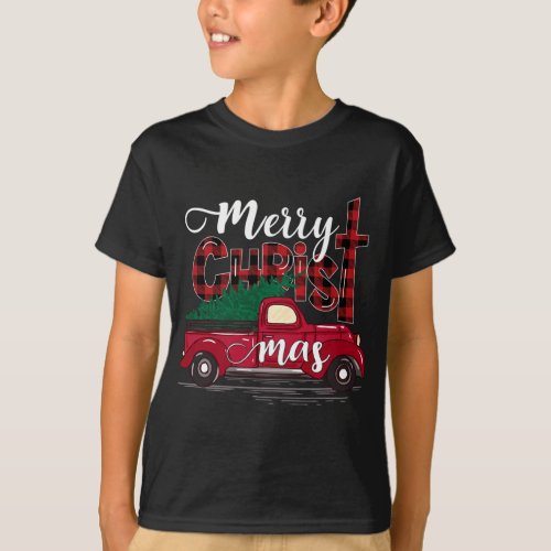 Merry Christmas Buffalo Plaid Red Truck Christian  T_Shirt
