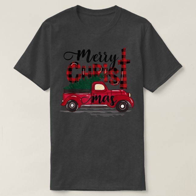 Merry Christmas Buffalo Plaid Red Truck Christian  T-Shirt (Design Front)