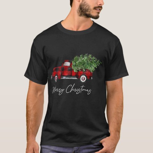 Merry Christmas Buffalo Plaid Red Truck Tree for T_Shirt