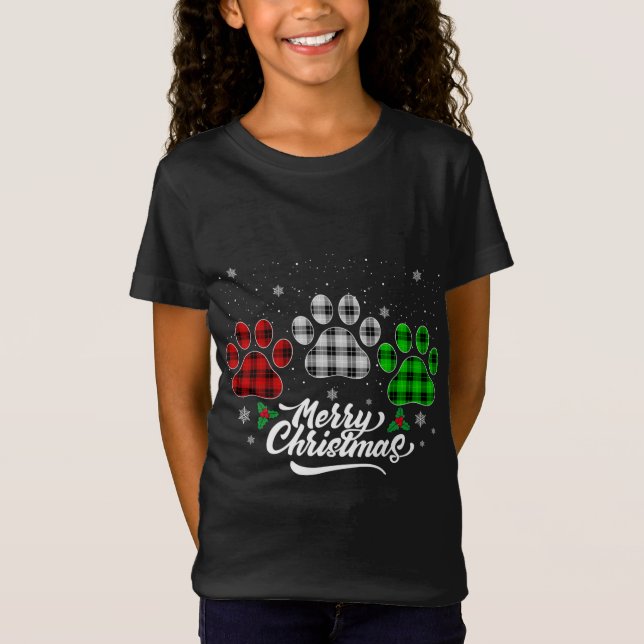 Merry Christmas Buffalo Plaid Red White Green Dog  T-Shirt (Front)