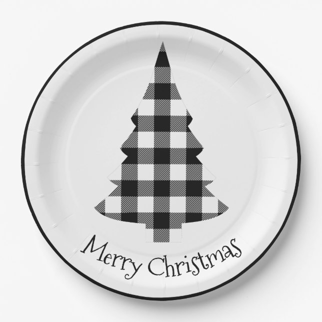 Merry Christmas Buffalo Plaid Rustic Christmas  Paper Plates (Front)