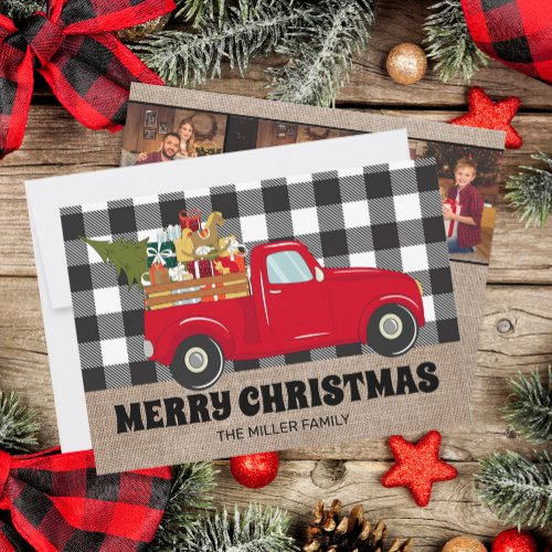 Merry Christmas Buffalo Plaid Vintage Truck Photo  Holiday Card