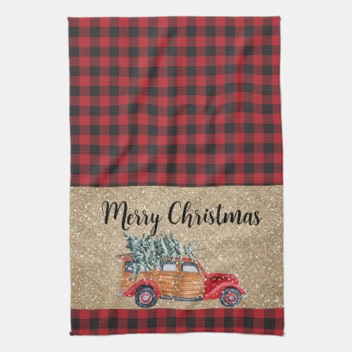 Merry Christmas Buffalo Plaid Vintage Truck Tree  Kitchen Towel