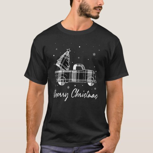 Merry Christmas Buffalo Plaid White Truck Tree T_Shirt