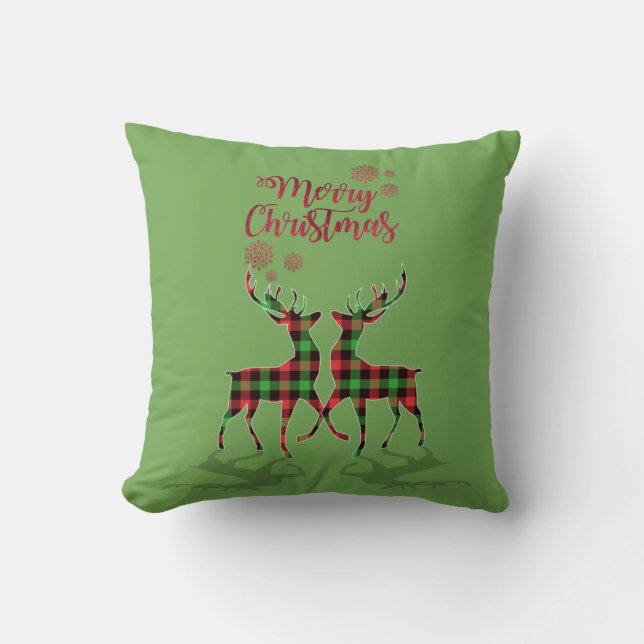Merry Christmas,Buffalo Pleid Reindeer  Throw Pillow (Front)