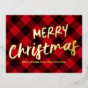 Merry Christmas Buffalo Red Plaid Foil Holiday Postcard