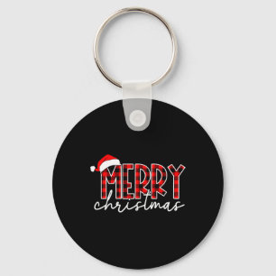 Merry Christmas Buffalo Red Plaid Santa Hat Xmas P Keychain