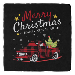 Merry Christmas Buffalo Truck Snowman Tree Red Pla Trivet