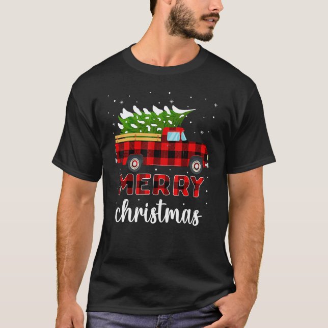 Merry Christmas Buffalo Truck Tree Red Plaid For M T-Shirt (Front)