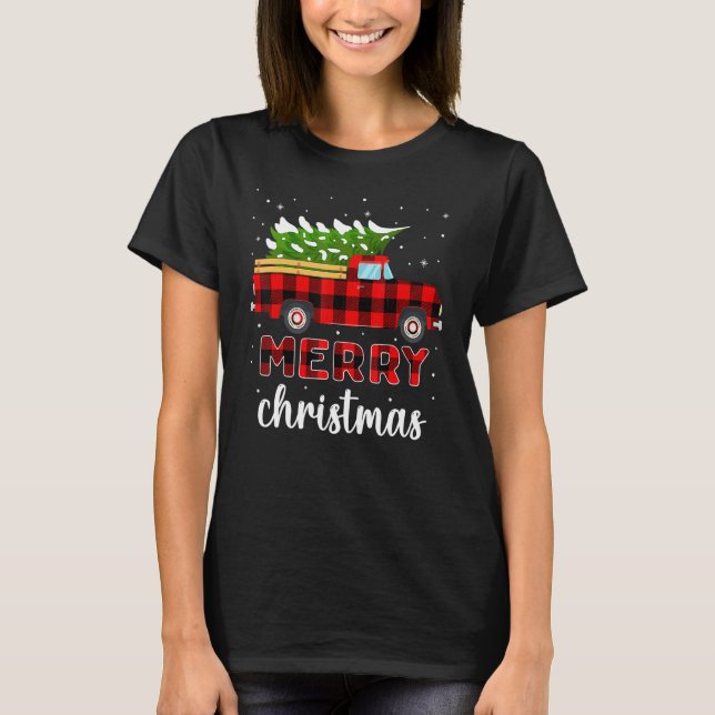 Merry Christmas Buffalo Truck Tree Red Plaid For M T-Shirt (Front)