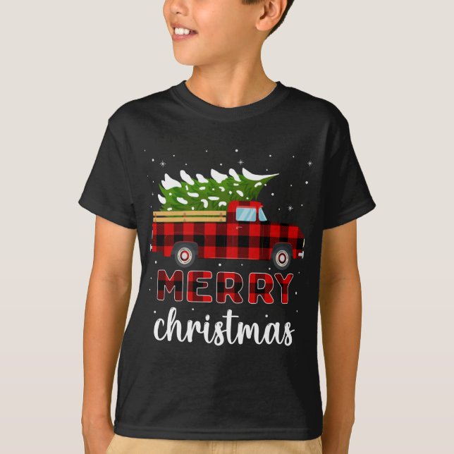 Merry Christmas Buffalo Truck Tree Red Plaid T-Shirt (Front)