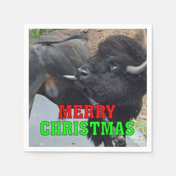 Merry Christmas Bull Bison Licking His Testicles Napkins by WackemArt at Zazzle