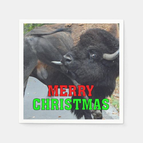Merry Christmas Bull Bison Licking His Testicles Napkins