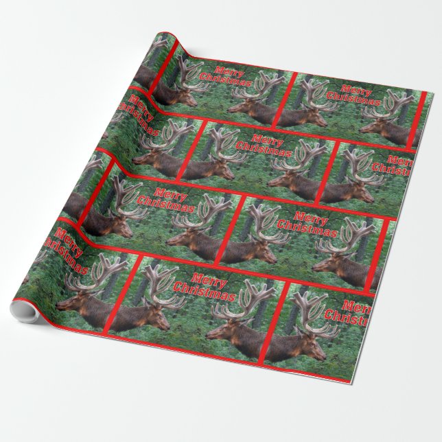 Merry Christmas Bull Elk In Velvet Wrapping Paper (Unrolled)
