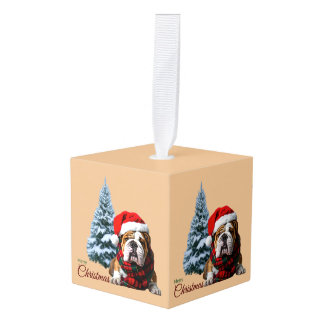 Merry Christmas Bulldog Cube Ornament