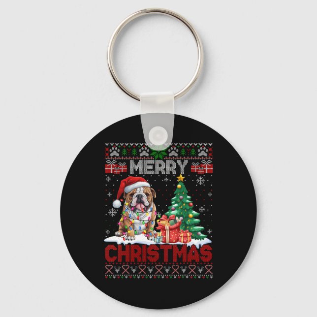 Merry Christmas Bulldog Dog Lovers Family Ugly Xma Keychain (Front)