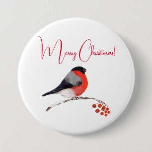 Merry christmas, Bullfinch in winter day Button