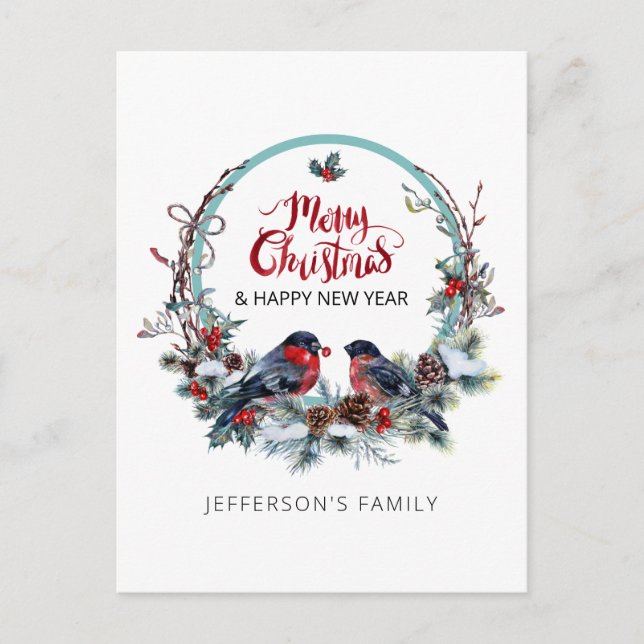 Merry Christmas bullfinches-wreath Holiday Postcar (Front)