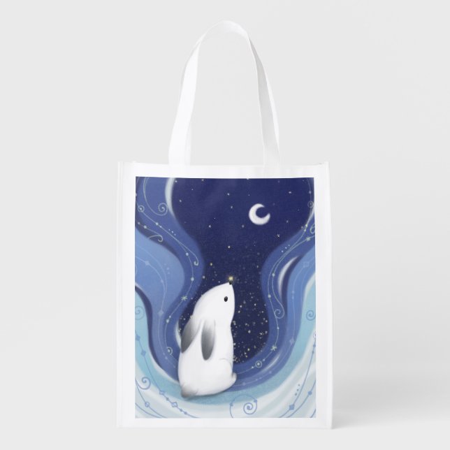 Merry Christmas: Bunny, the Moon & Stars Grocery Bag (Front)