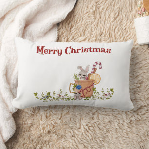 Merry Christmas Bunny Winter Scene Lumbar Pillow