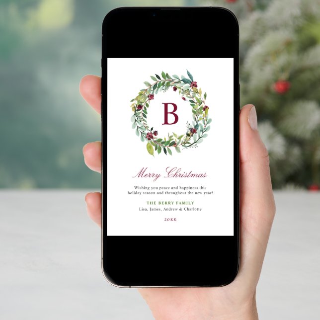 Merry Christmas Burgundy Berry Wreath Monogram Holiday Card (Front Digital)