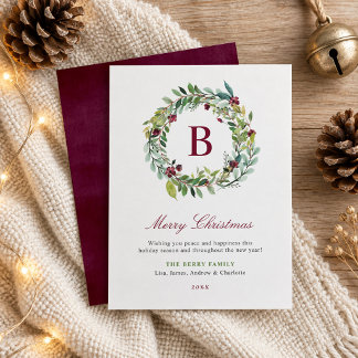 Merry Christmas Burgundy Berry Wreath Monogram Holiday Card