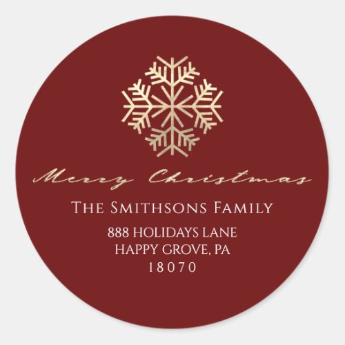 Merry Christmas Burgundy Gold RSVP Snowflakes Classic Round Sticker