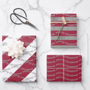 Merry Christmas Burgundy Houndstooth Pattern Wrapping Paper Sheets