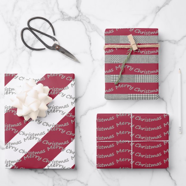 Merry Christmas Burgundy Houndstooth Pattern Wrapping Paper Sheets (Front)